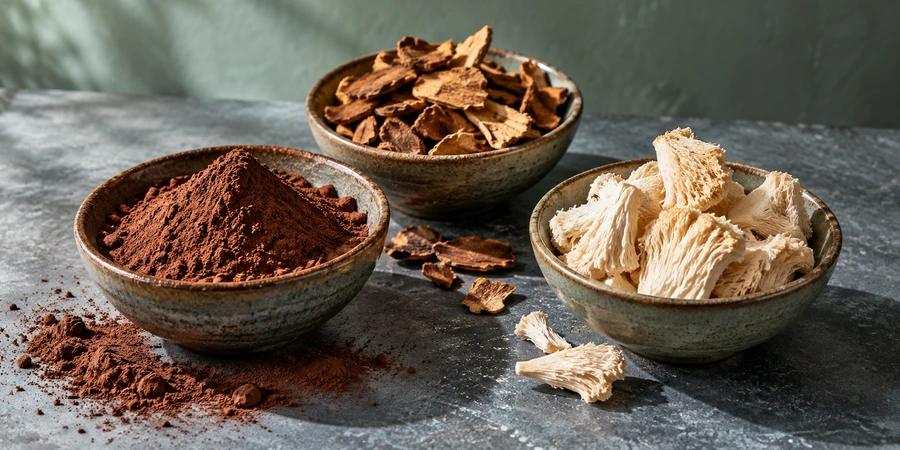 Cuencos con cacao en polvo, raíz de achicoria tostada y setas secas de melena de león sobre una mesa de piedra
