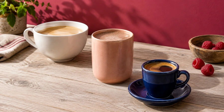 Tres tazas con bebidas de hongos de distinto tono, de cacao claro a café oscuro, sobre una mesa de madera clara