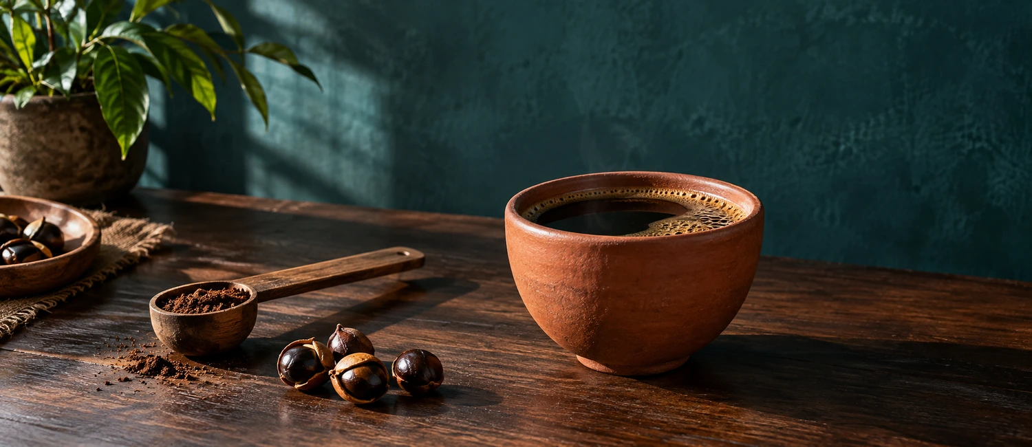 Taza de café solo junto a una cuchara dosificadora y unas semillas de guaraná sobre una mesa de madera