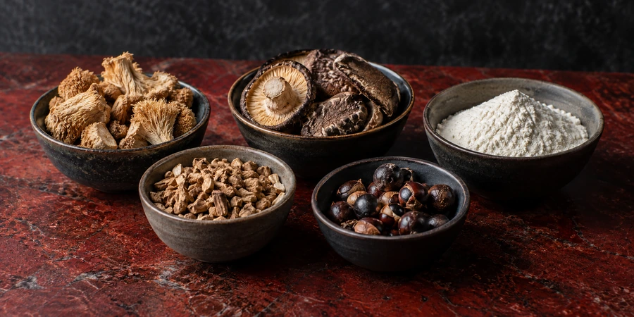 Cuencos con setas secas de melena de león y shiitake, colágeno en polvo, raíz de achicoria y semillas de guaraná sobre una mesa de piedra