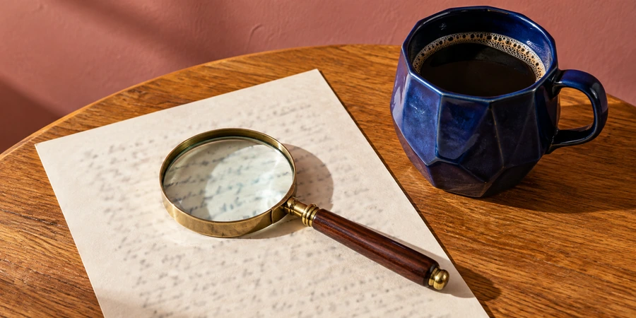 Lupa sobre una hoja impresa con letra pequeña ilegible, junto a una taza de café solo en una mesa de madera