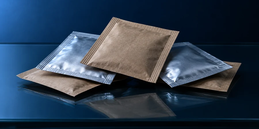 Sobres de polvo de papel kraft y aluminio, sin marca ni texto, apilados sobre una mesa de cristal