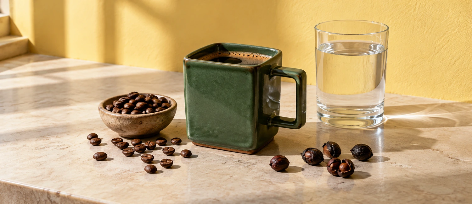 Bolsa de Coffee 2.0 de Tasty Dose junto a una taza de café y un vaso de agua sobre una mesa de cocina