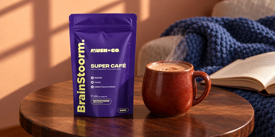 Bolsa de Brainstoorm Choco de Mush N Go junto a una taza de bebida de cacao, una manta y un libro abierto por la tarde