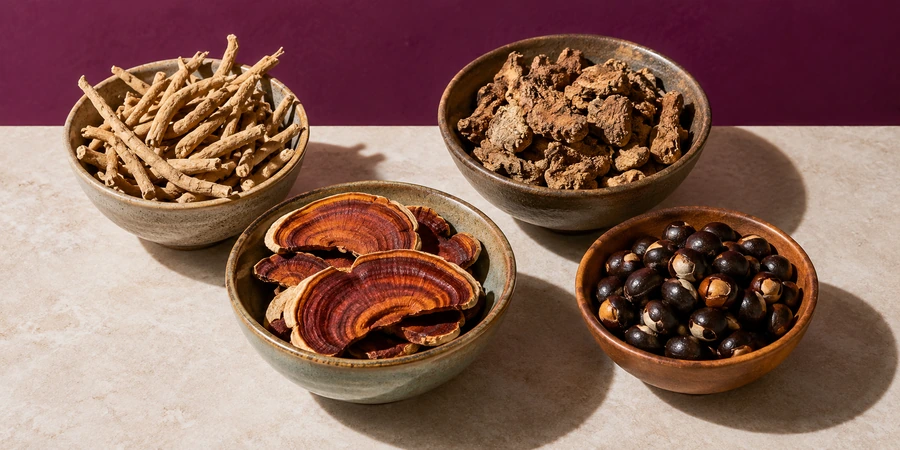 Cuencos con raíz seca de ashwagandha, raíz de rodiola, láminas de reishi y semillas de guaraná sobre una mesa clara