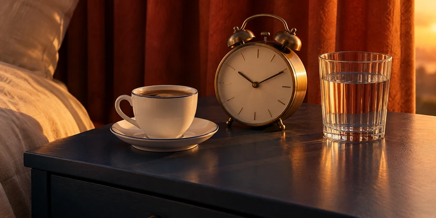 Taza de café junto a un despertador y un vaso de agua sobre una mesilla de noche al atardecer