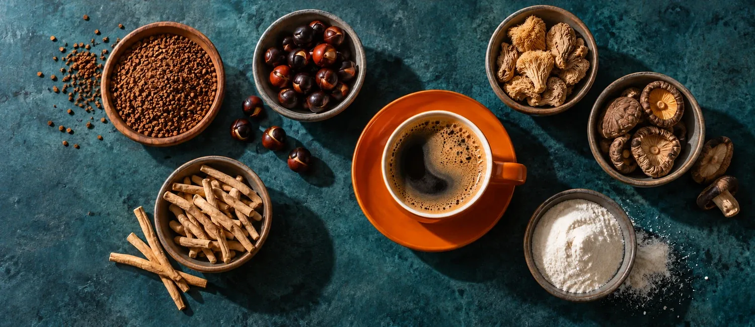 Bolsa de Coffee 2.0 Café Clásico junto a una taza de café con espuma y cuencos con setas secas, granos de café y semillas de guaraná