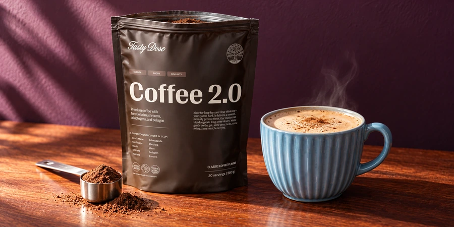 Bolsa de Coffee 2.0 abierta junto a una cuchara dosificadora con polvo y una taza de café recién espumado