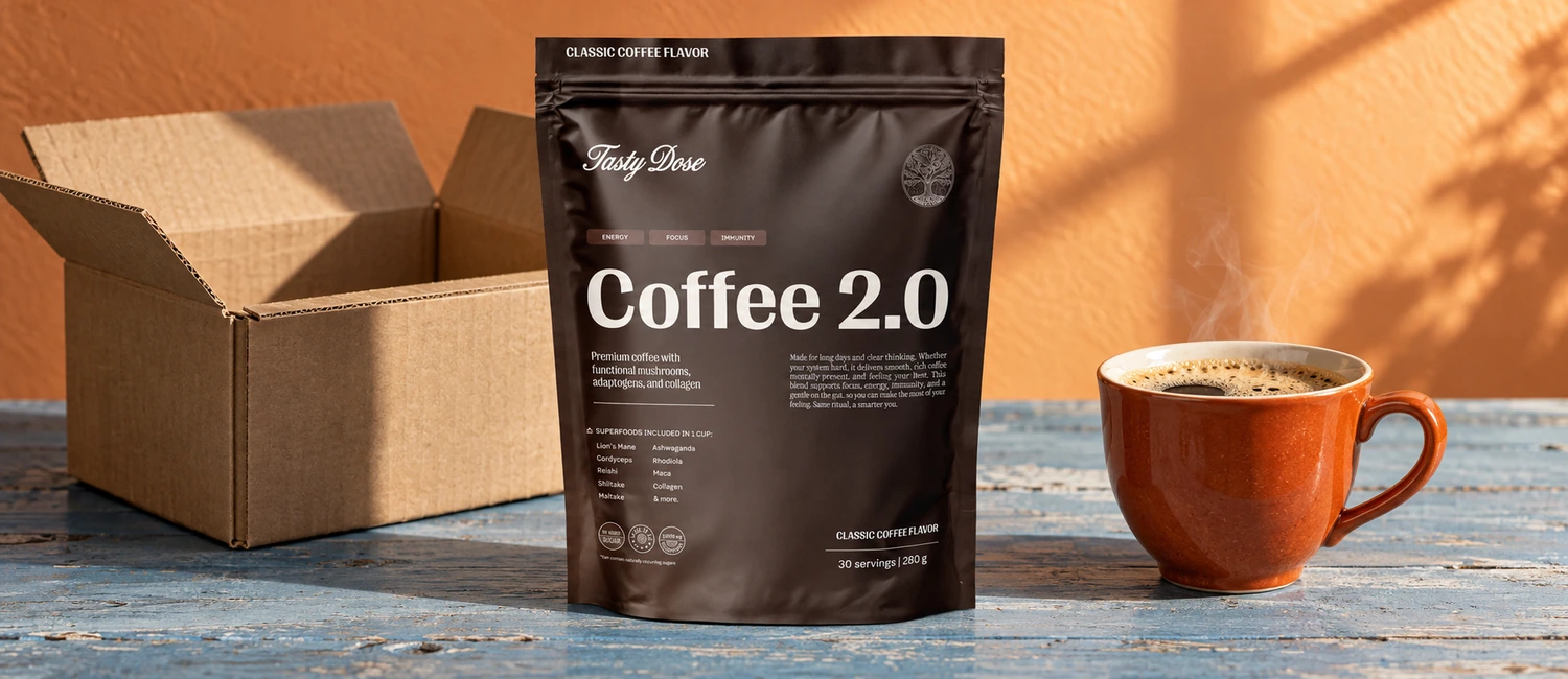 Bolsa de Coffee 2.0 de Tasty Dose junto a una caja de envío abierta y una taza de café con espuma