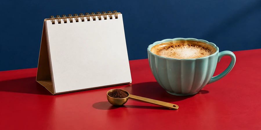 Calendario de mesa en blanco junto a una taza de café con espuma y una cuchara dosificadora