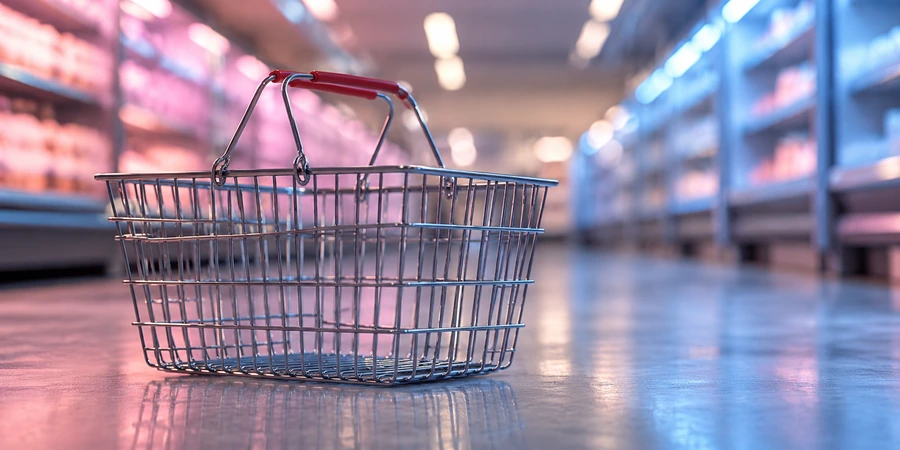 Cesta de la compra metálica vacía en el pasillo de un supermercado desenfocado, sin marcas ni carteles legibles