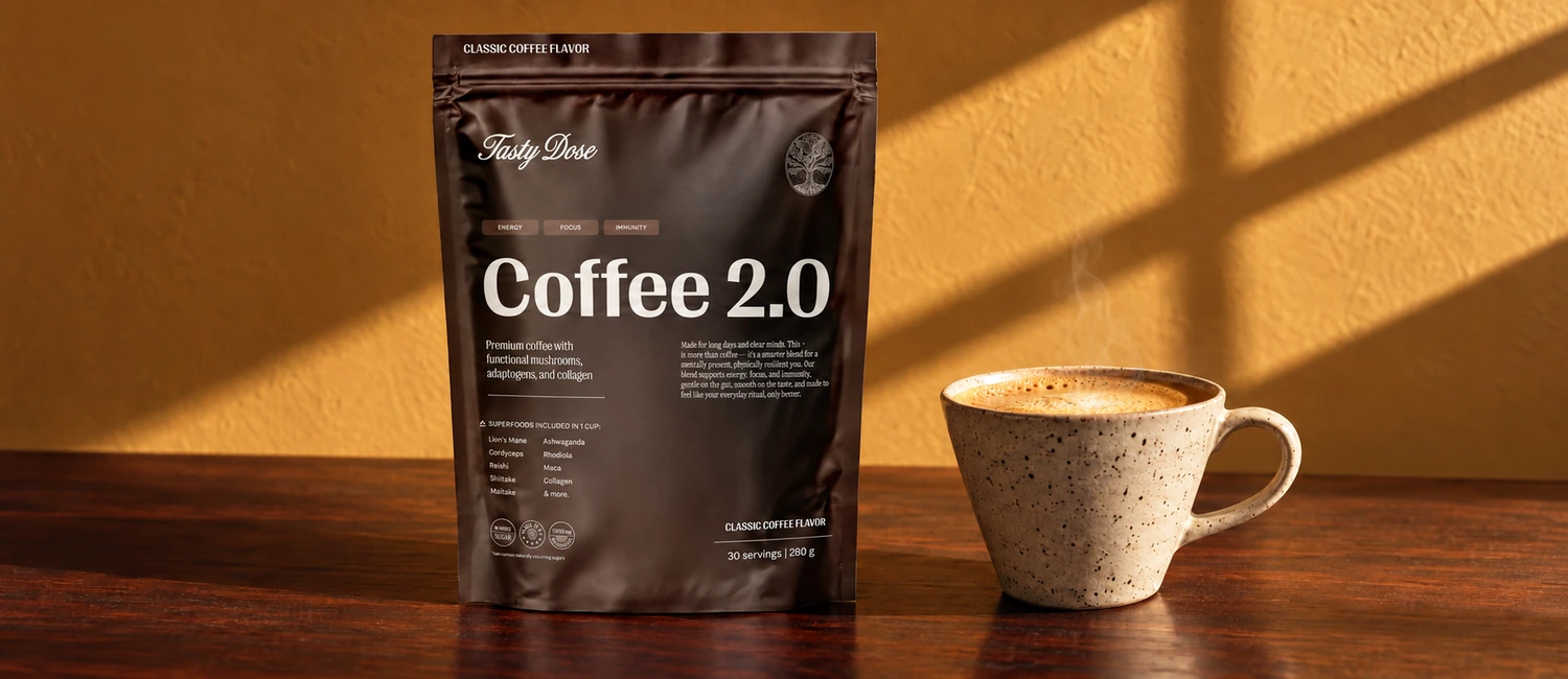 Bolsa de Coffee 2.0 de Tasty Dose sobre un escritorio de madera junto a una taza de café con espuma