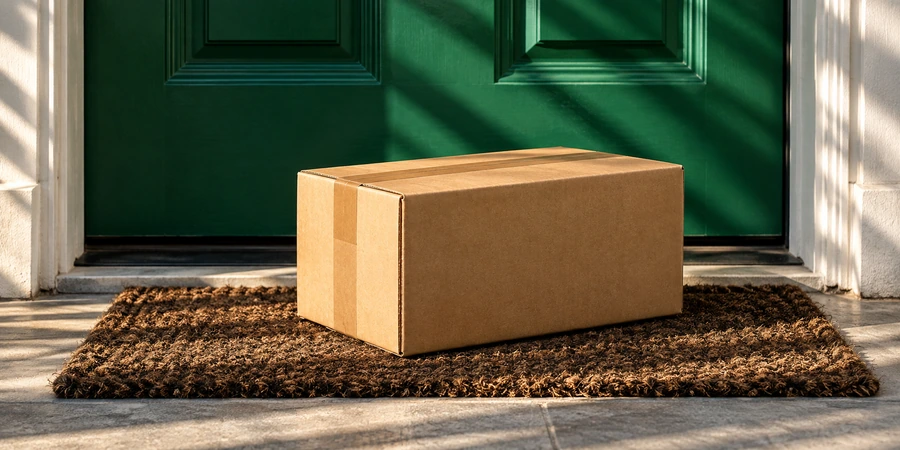Caja de cartón cerrada con cinta adhesiva sobre el felpudo de una puerta de casa, sin etiquetas legibles