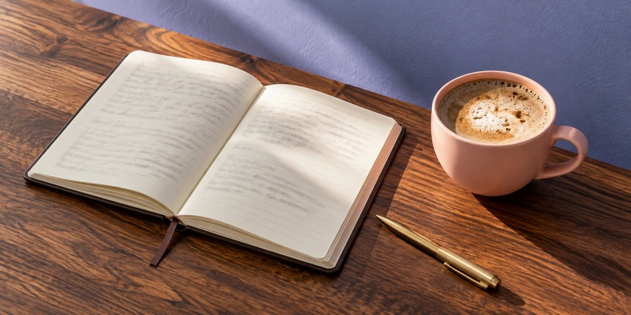 Taza de café con espuma sobre una mesa de madera junto a un cuaderno abierto y un bolígrafo