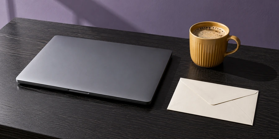 Portátil cerrado, un sobre de papel sin remitente y una taza de café con espuma sobre un escritorio